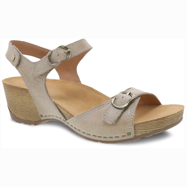 Dansko Tircia Women's Sandals in Linen, strappy leather strappy summer sandals, hook and loop decorative buckle. Style #1709441600