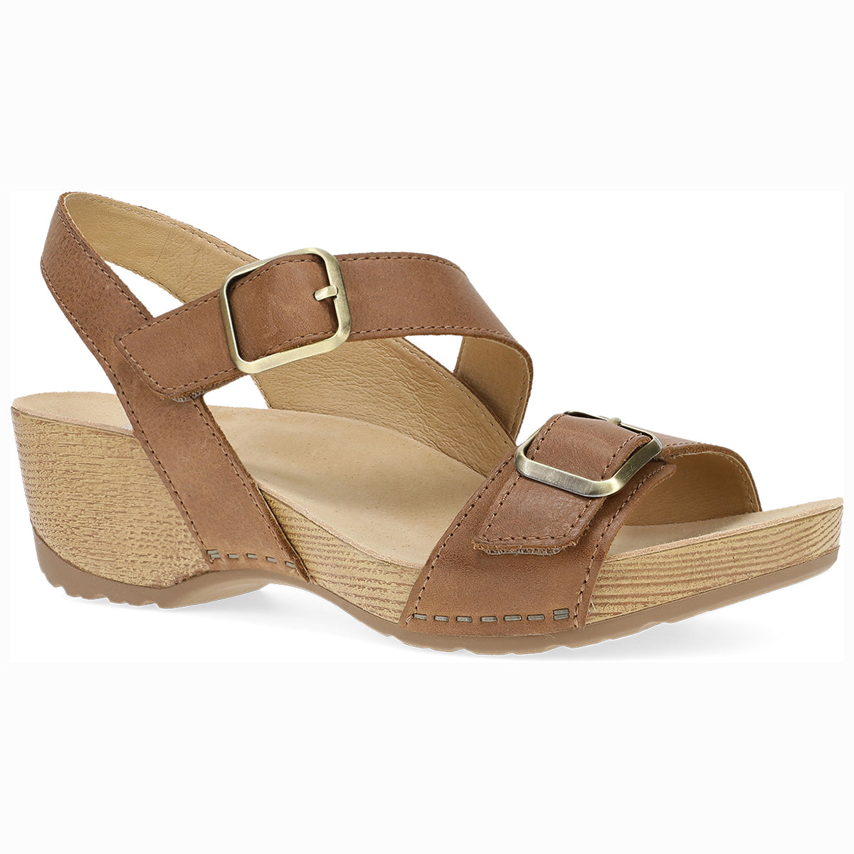 Dansko Trinity Tan Burnished Nubuck Women's Sandals, comfortable all day strappy sandal, decorative buckle. Style #1716641600