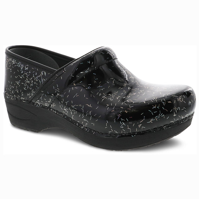 Black Dansko XP 2.0 patent leather clog with silver flecks and a comfortable sole. 3950-80202