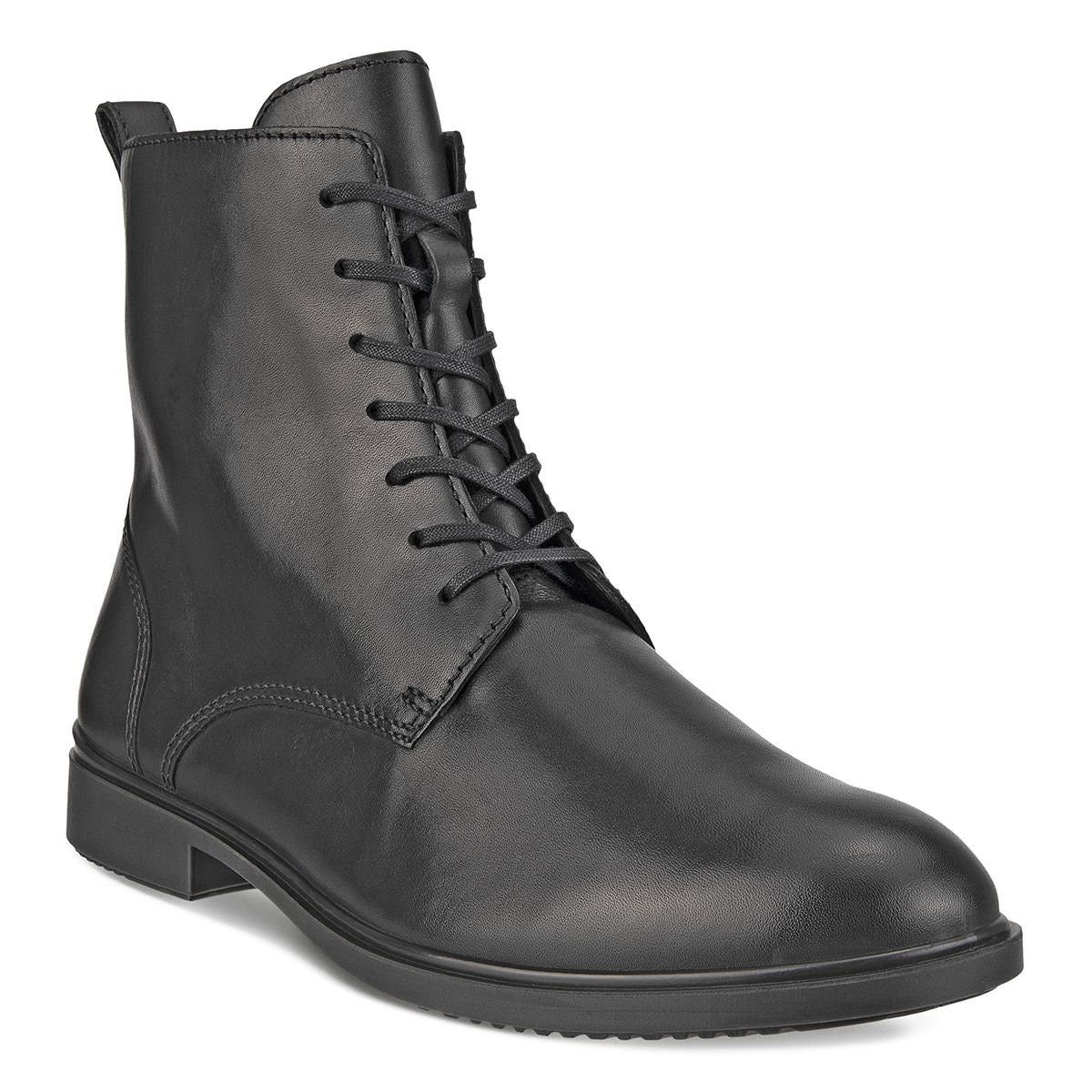 Women’s black leather lace-up ankle boot with a low heel and rounded toe. Style # 2098231001