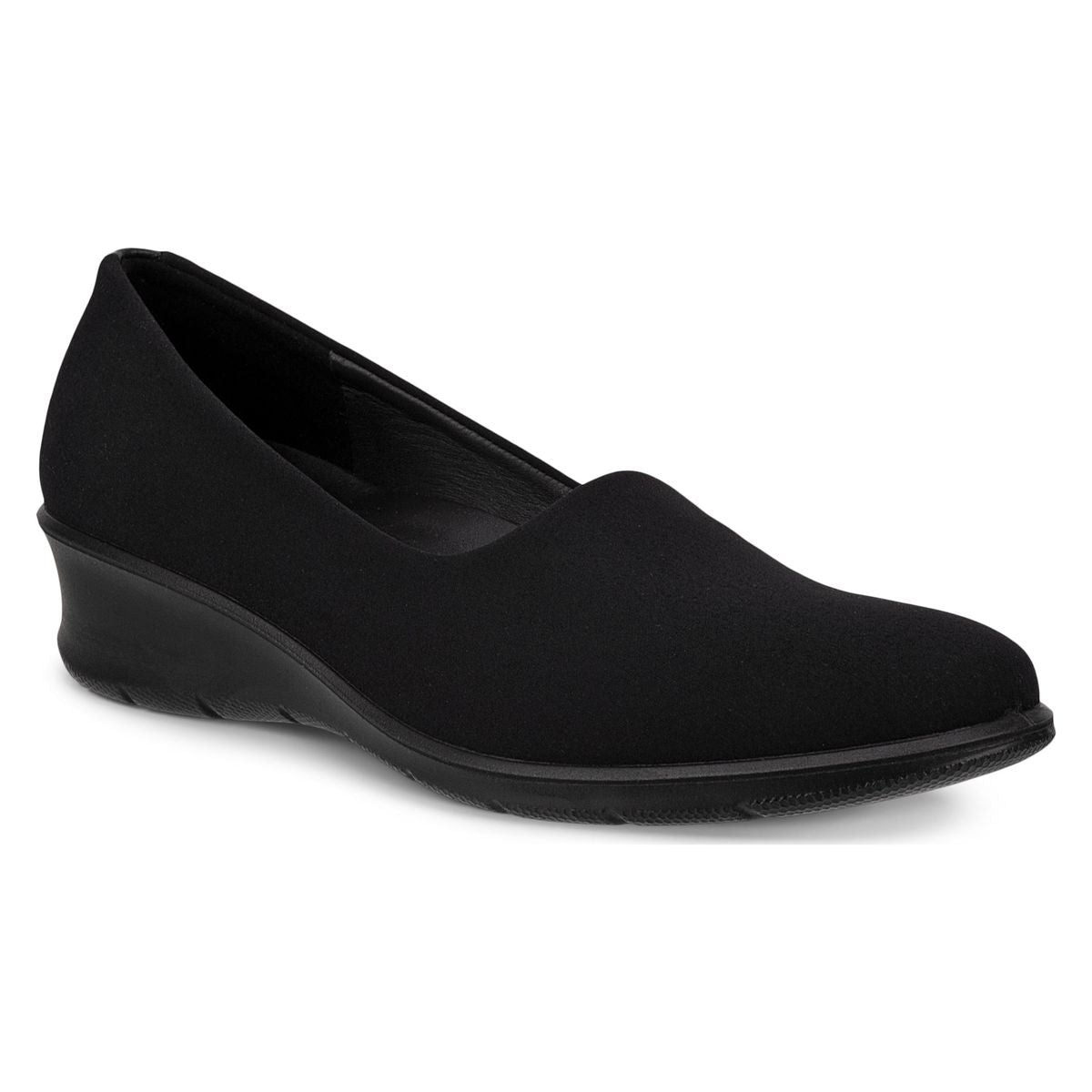 ECCO Felicia women’s wedge loafer in leather and textile with cushioned leather lining, ECFS™ inlay sole, and FLUIDFORM™ technology for stable, all-day comfort.
