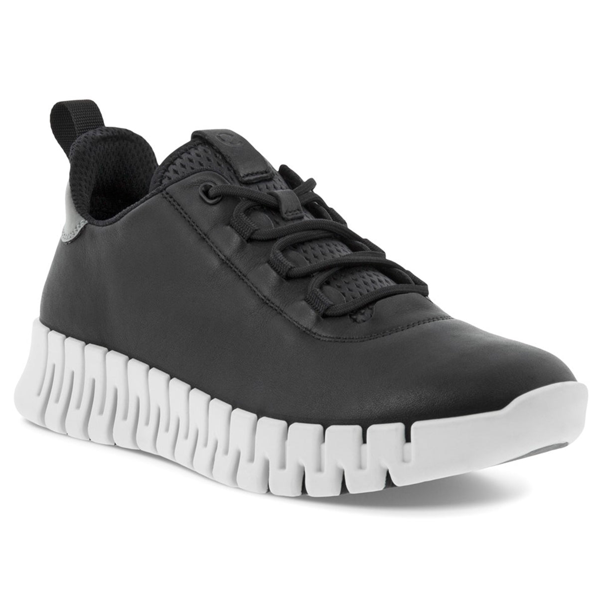 Black Ecco Gruuv leather sneakers with white segmented sole and black laces, 2182030719, angled side view on white background.