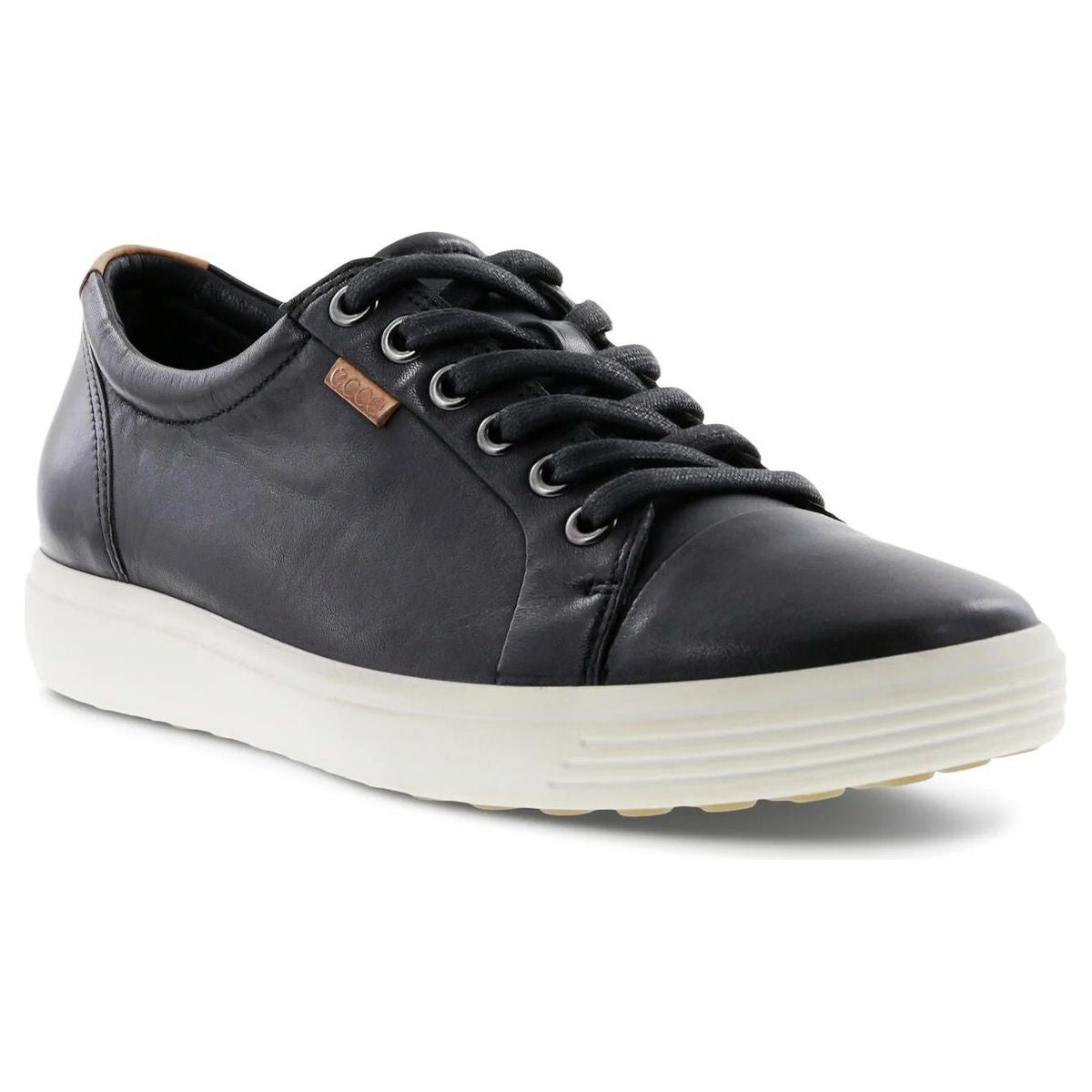 Women's ECCO Soft 7 sneaker in glossy black patent leather with long laces, breathable lining, and a minimalist low-top silhouette. Style #43000301