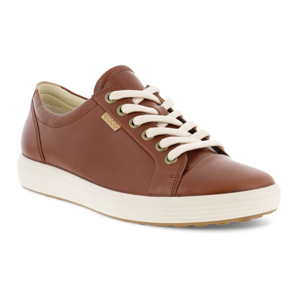 ECCO Soft 7 women’s sneaker in warm cognac leather with long laces, cushioned removable insole, and low-profile dimpled sole for everyday comfort and style. Style #