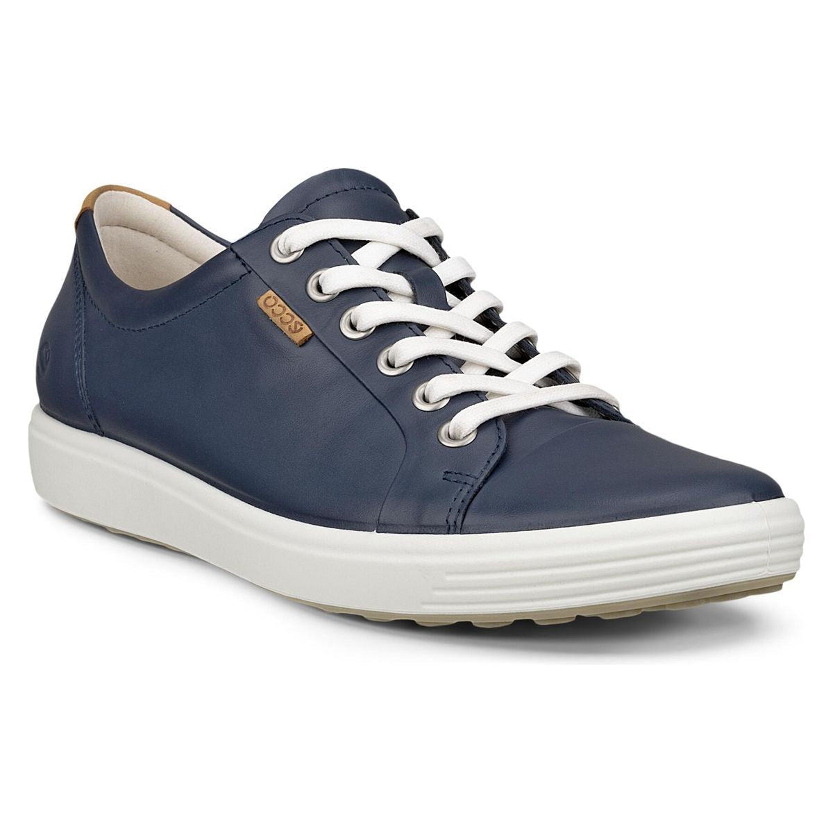 ECCO Soft 7 women’s sneaker in marine blue leather with long tonal laces, low-top design, and lightweight dimpled outsole for flexible, everyday style.
Style #43000323