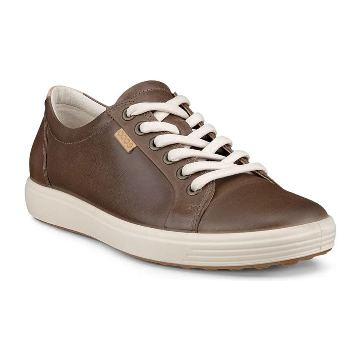 ECCO Soft 7 women’s sneaker in taupe leather with tonal laces, low-top profile, and flexible textured outsole for subtle everyday sophistication.
Style #43000327