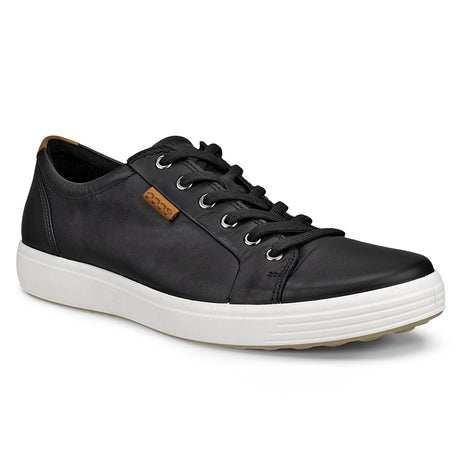 ECCO Soft 7 men’s sneaker in black leather with low-top silhouette, tonal laces, and a textured black outsole for a clean, modern look.
Style #43000401