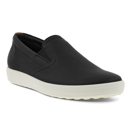 ECCO Soft 7 Women’s Slip-On Sneaker in soft Nappa or nubuck leather, featuring a low-profile sole, elastic side panels, and smooth rounded toe in a minimalist slip-on style. Style #47049301