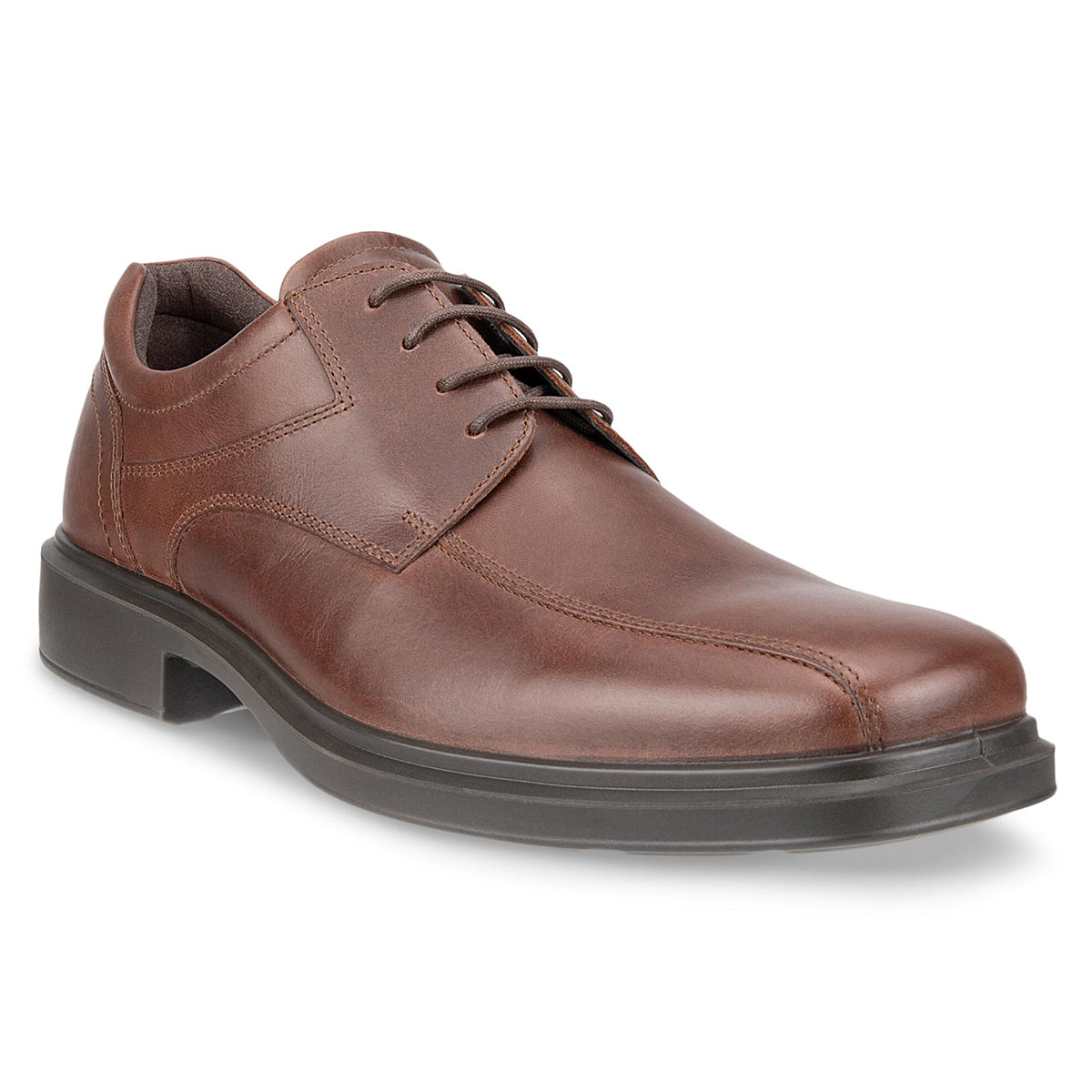 ECCO Helsinki 2 Men's Bike-Toe Lace-Up in polished mahogany leather featuring subtle stitching, rounded toe, and classic derby lacing for a smart, professional look. Style #50017402