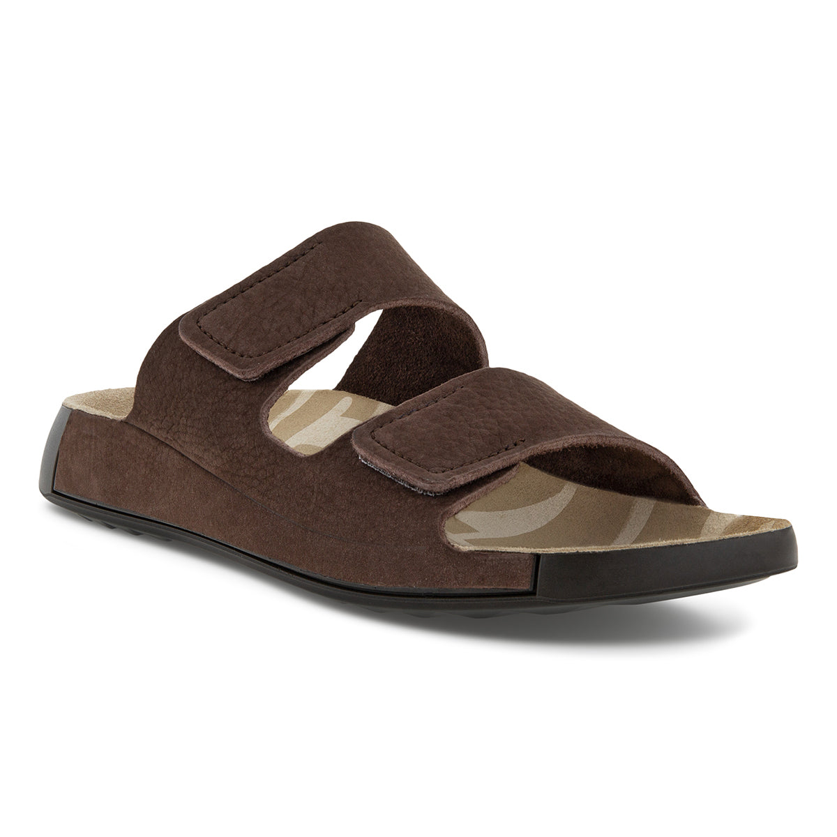 Side view of a men's brown leather sandal featuring two adjustable straps with silver buckles, a soft tan suede footbed contoured for comfort, and a flexible black rubber sole with subtle tread for traction. Style #50090402