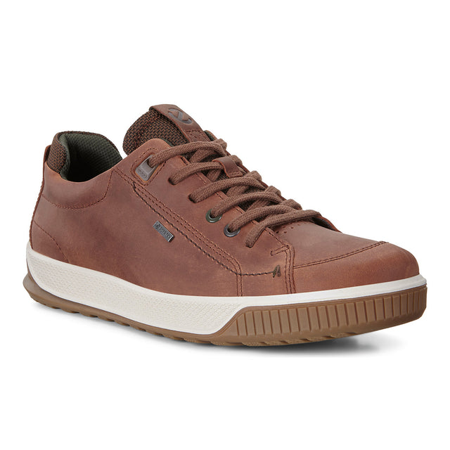Men’s brandy brown leather lace-up sneaker with rugged treaded rubber sole, textile laces, and a sleek urban silhouette. Style #50182406