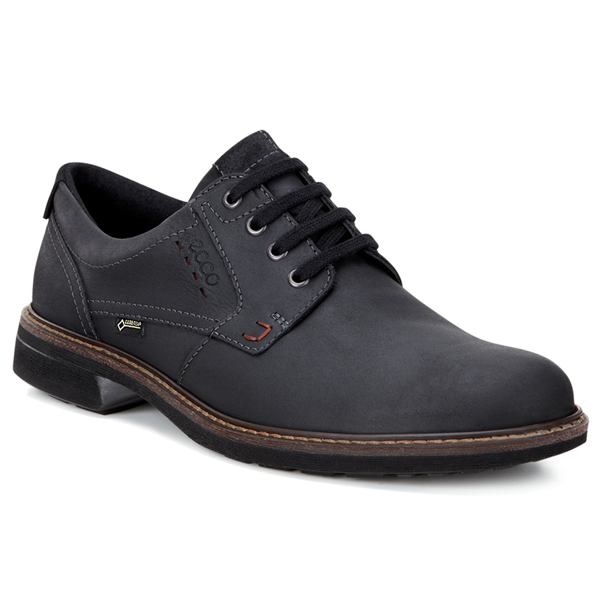 Men’s waterproof nubuck Derby shoe in dark brown with lace-up closure, low heel, and smooth leather welt for a formal yet versatile appearance.