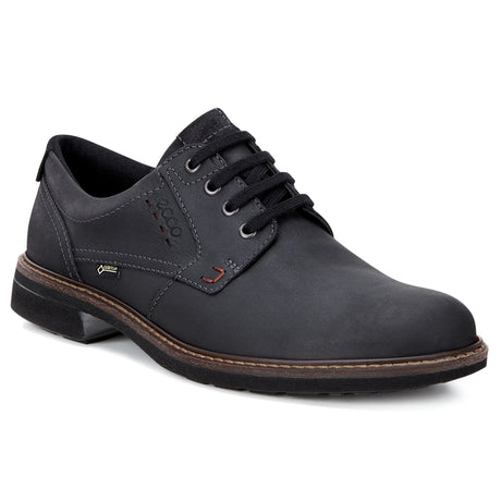 Men’s waterproof nubuck Derby shoe in dark brown with lace-up closure, low heel, and smooth leather welt for a formal yet versatile appearance.