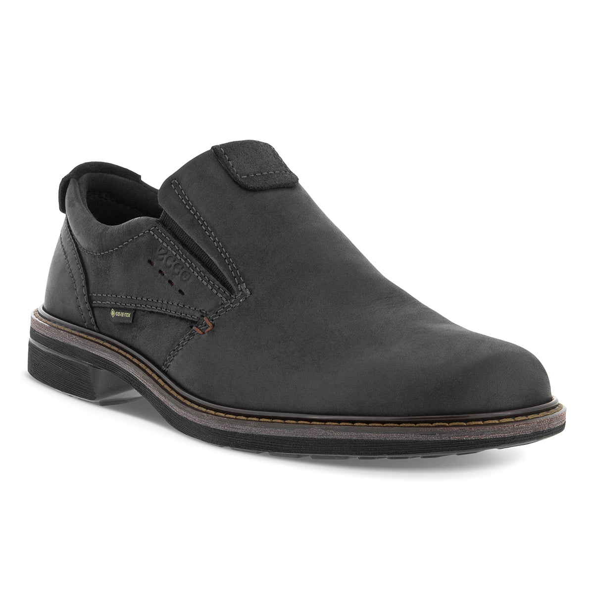 Men’s dark brown nubuck waterproof slip-on shoe with low heel, stitched leather welt, and smooth rounded toe for a sleek, smart-casual appearance.
Style #51018401