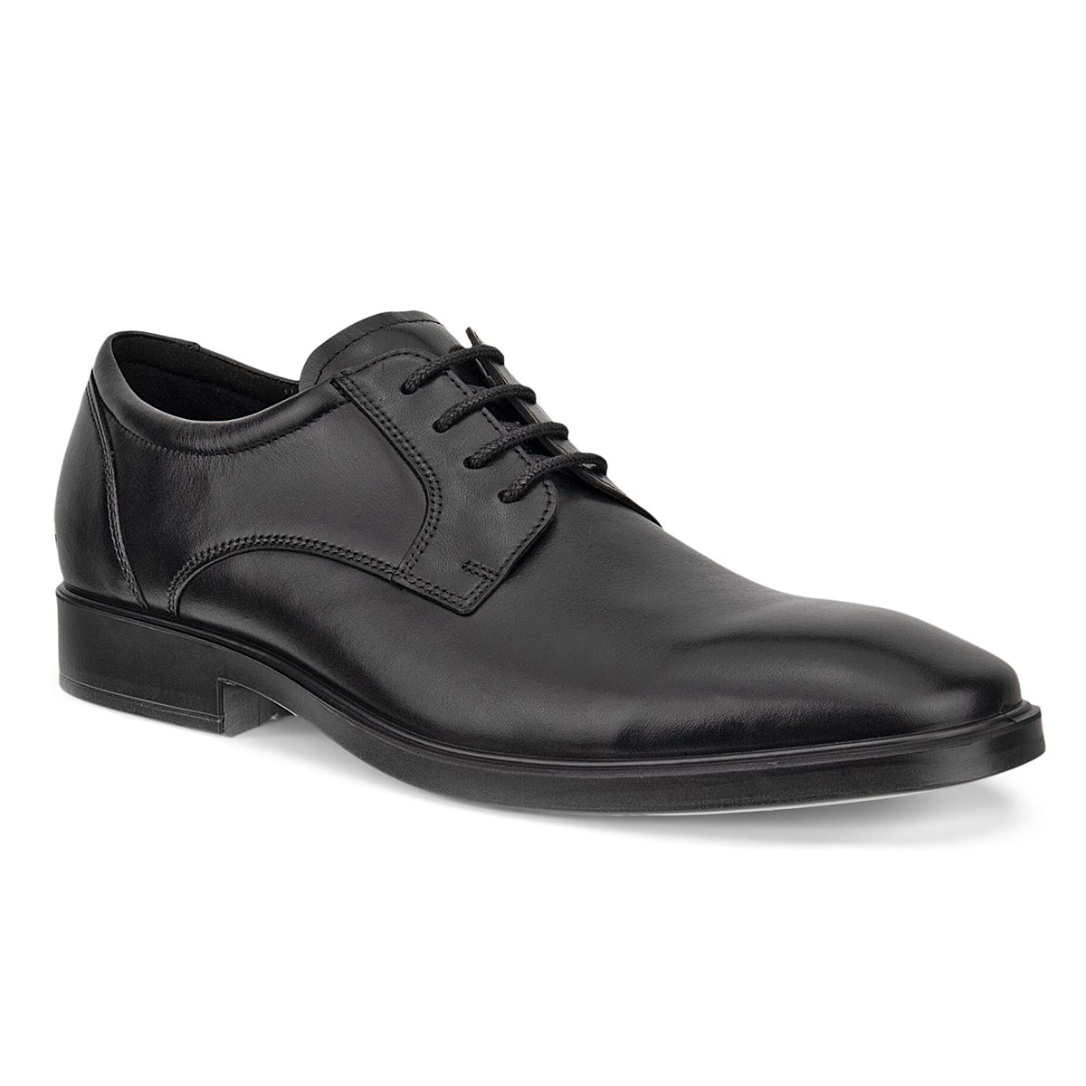 Men’s dark leather derby shoe with almond toe, low heel, and clean stitched details for a versatile and polished everyday look. Style #52331401