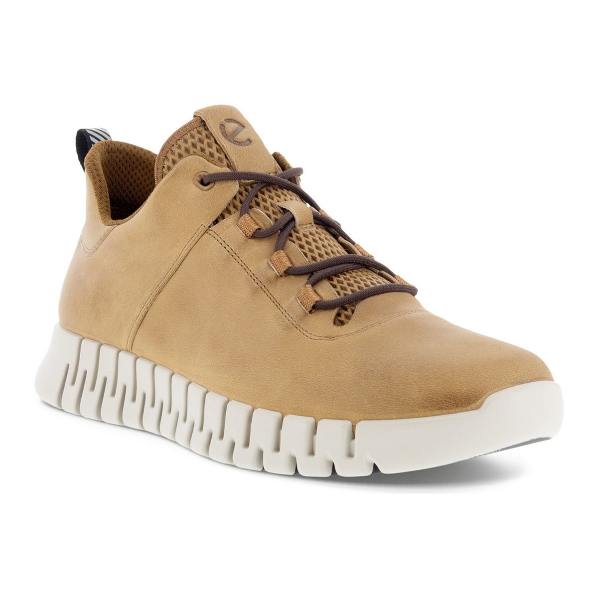 Men’s camel-colored leather sneakers with reflective accents, elastic loop laces, and a flexible segmented sole designed for stylish, supportive walking comfort. Style #52520406