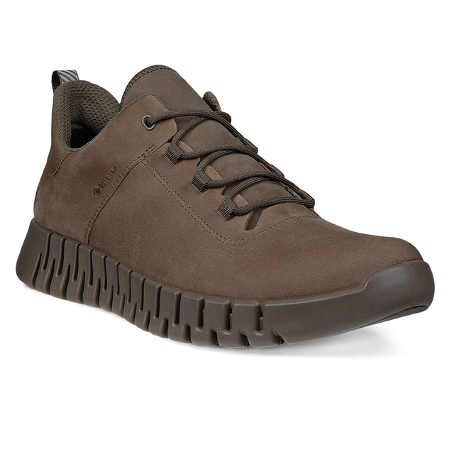 Ecco Gruuv men's brown leather Gore-Tex sneaker with elastic laces and textured sole. Style: 5252242559.