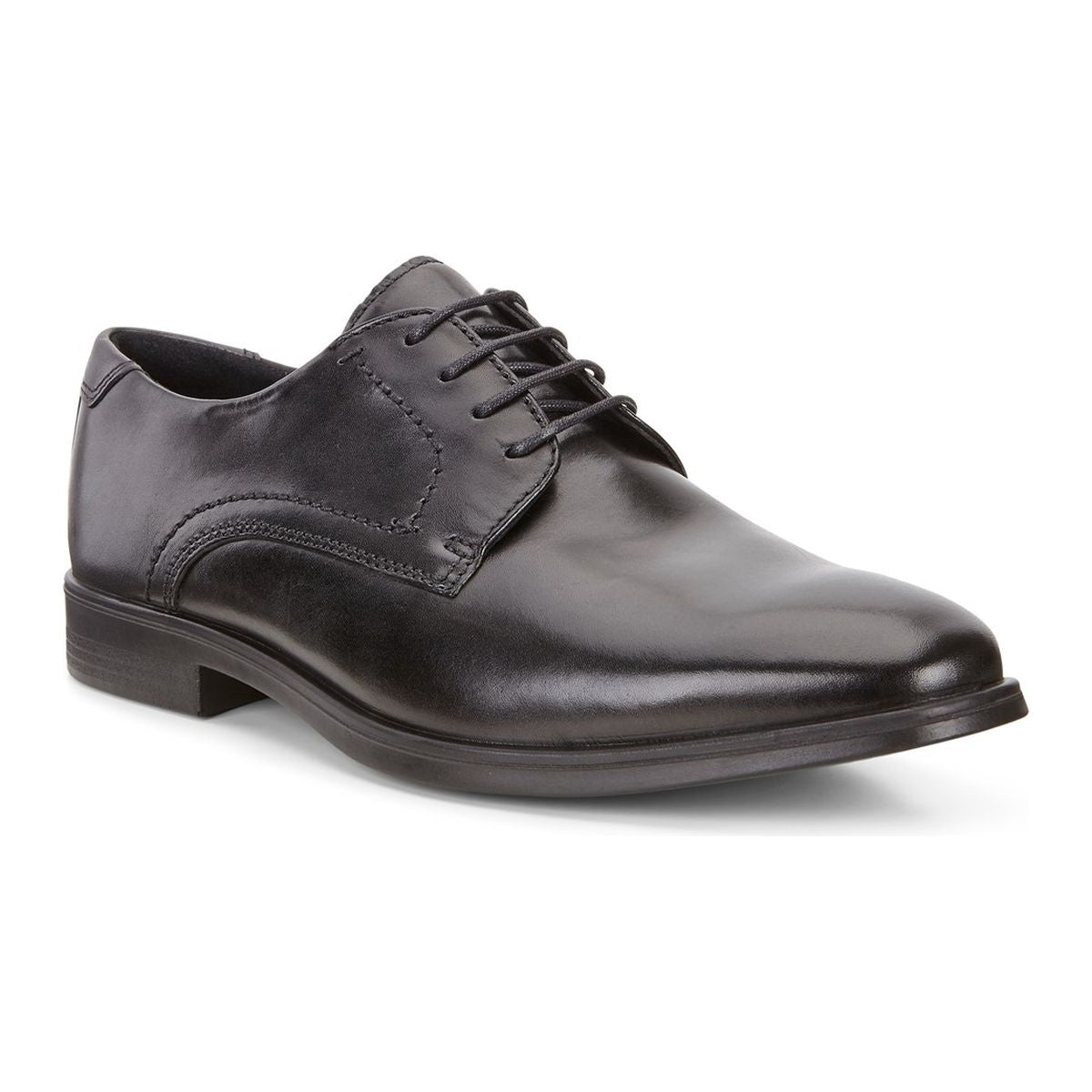 Men’s black leather Derby shoe with a narrow toe, polished finish, and lightweight sole for formal style and breathable all-day comfort.