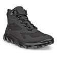 Men’s mid-cut waterproof hiking boot in black textile with reflective heel tab, secure lacing, and a thick treaded sole designed for grip on trails or pavement. Style #82022401