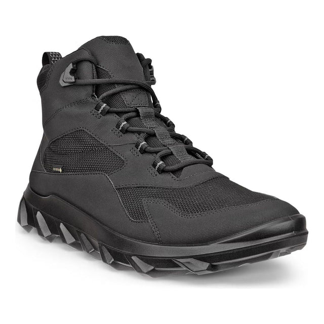 Men’s mid-cut waterproof hiking boot in black textile with reflective heel tab, secure lacing, and a thick treaded sole designed for grip on trails or pavement. Style #82022401