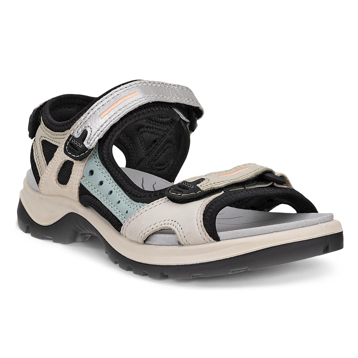 Women’s open-toe ECCO Offroad sandal in Atmosphere beige leather with three adjustable straps, rugged tread outsole, and soft neoprene lining for comfort and grip. Style #82208308