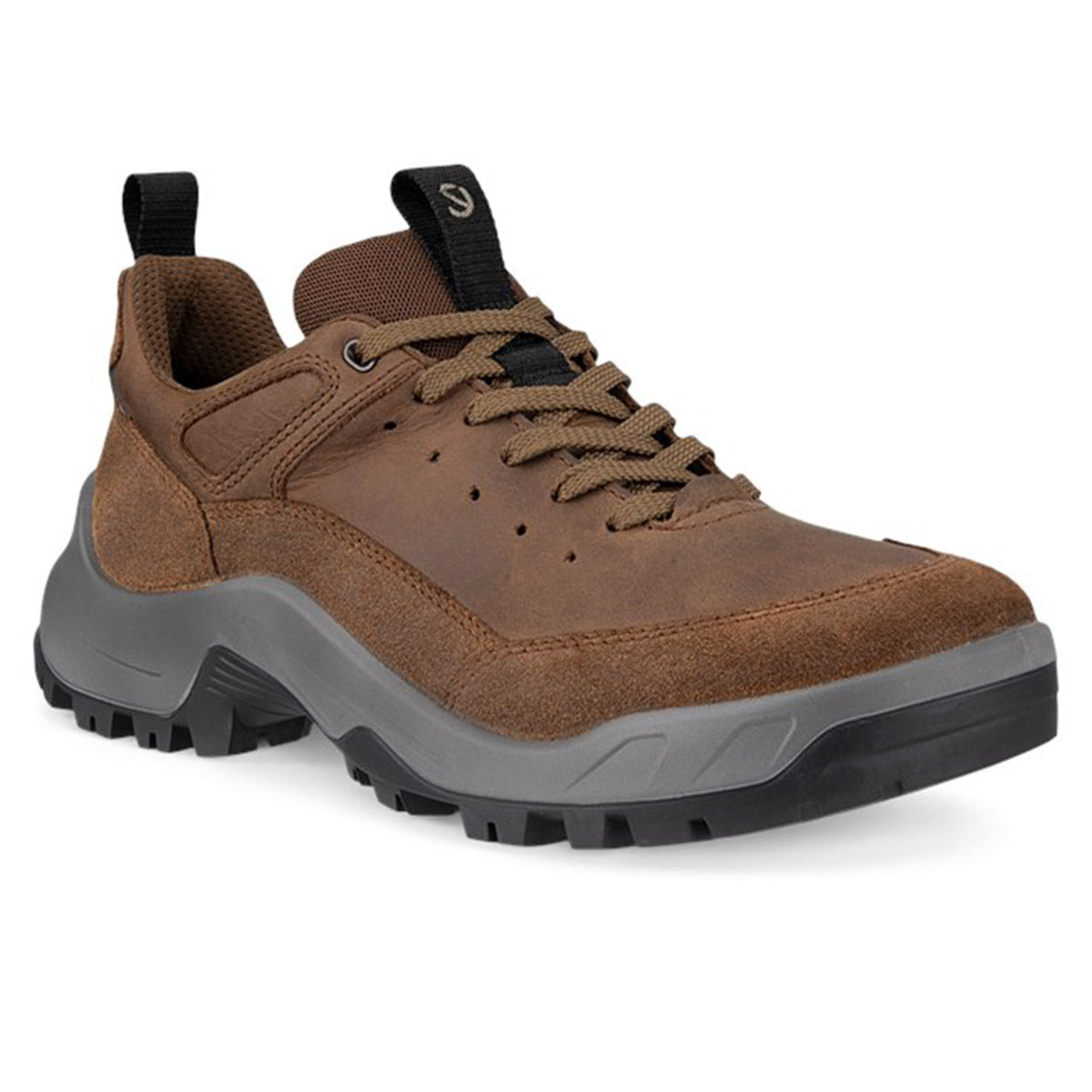 Men’s ECCO Offroad lace-up walking shoe in brown nubuck with rugged rubber outsole, suede overlays, and durable design for outdoor versatility. Style #82234402