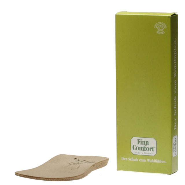 Flat anatomically contoured insole with natural suede lining and cork-latex base, designed for superior arch support, heel stability, and all-day foot relief. Style #9540