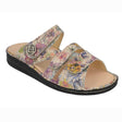 Multi-colored leather sandal with three wide adjustable straps, textured button detail, and a removable cork-latex footbed for arch support and day-long comfort. Style #1538673010