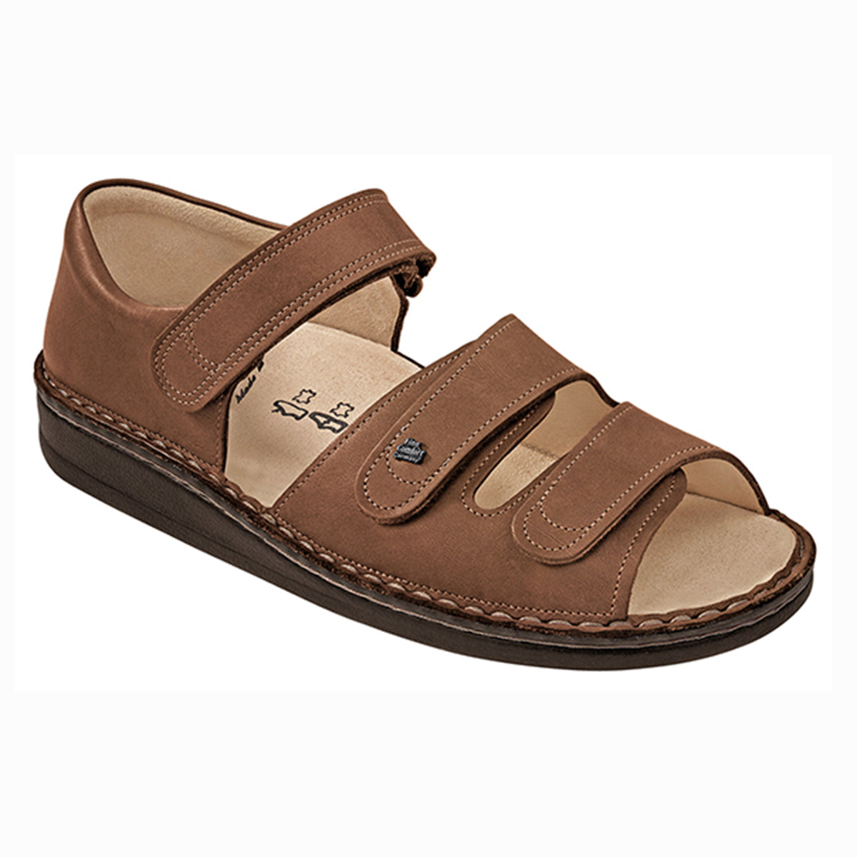 Brown leather sandal with three adjustable straps, removable cork-latex footbed, and a flexible polyurethane sole for ergonomic support and all-day comfort. Style #1518073049