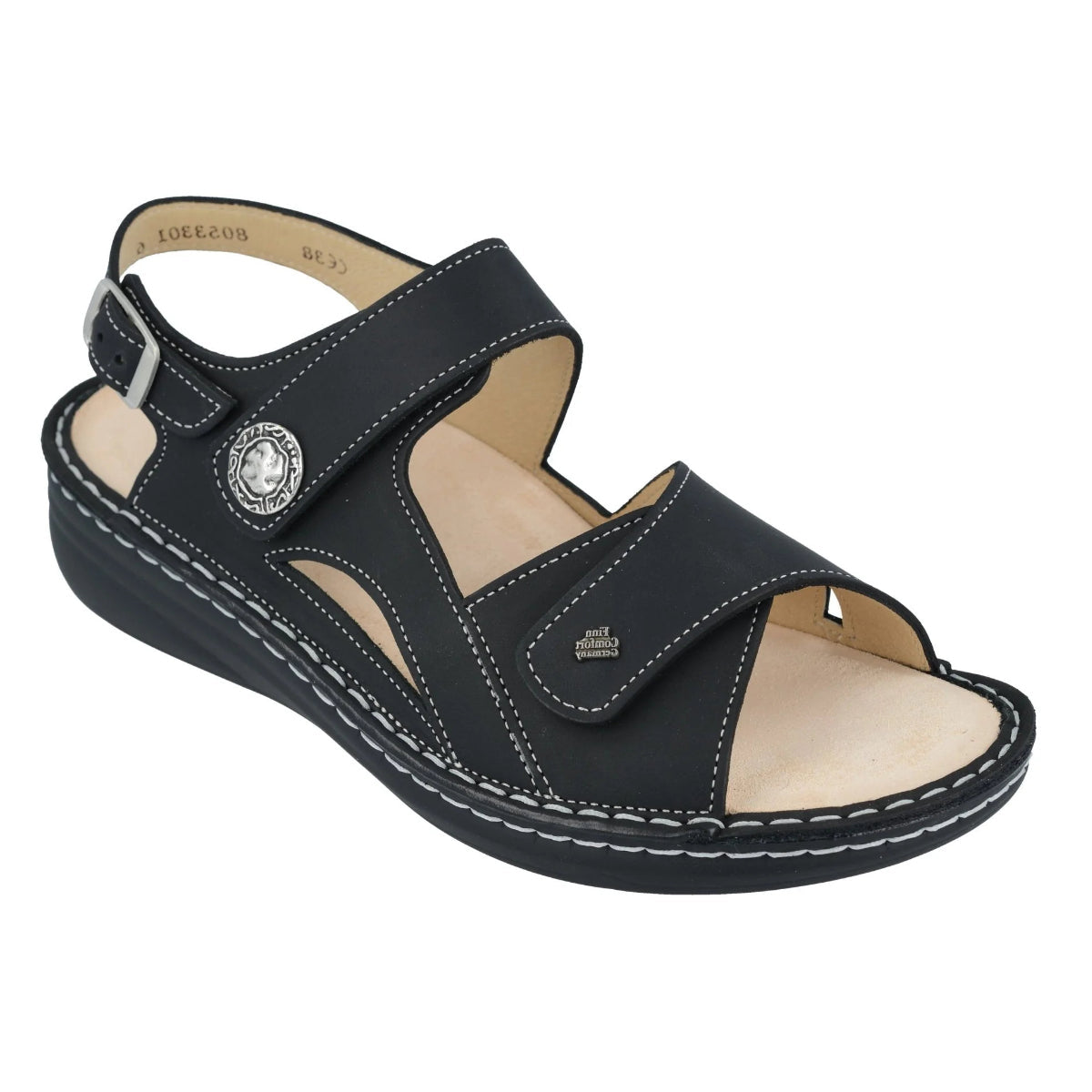 Black leather sandal with three adjustable straps, removable cork footbed, and a flexible polyurethane sole for breathable, all-day ergonomic support. Style #2641723393