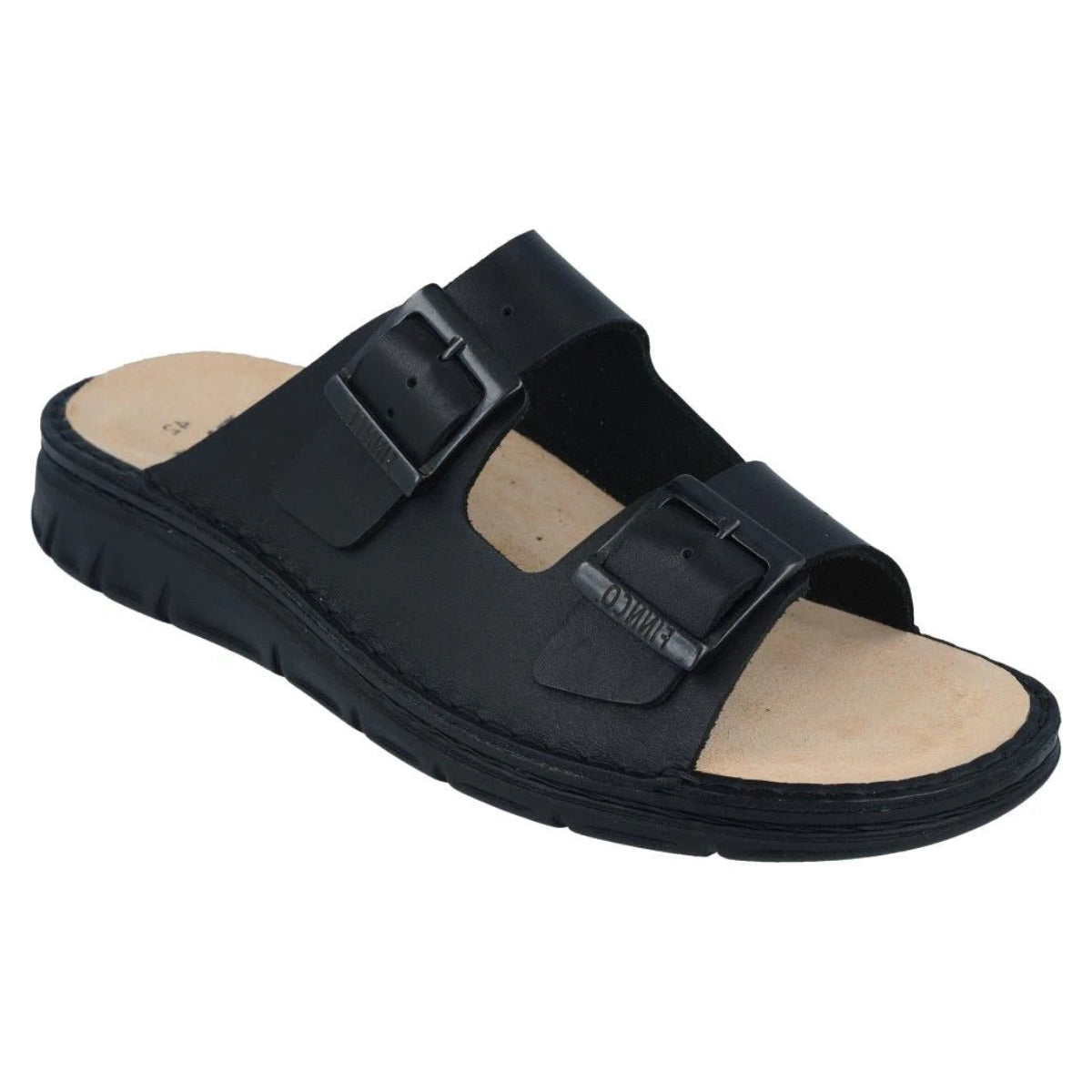 Black leather slip-on sandal with two adjustable buckle straps, removable cork footbed, and cushioned sole designed for arch support and everyday summer comfort. Style #8154671393