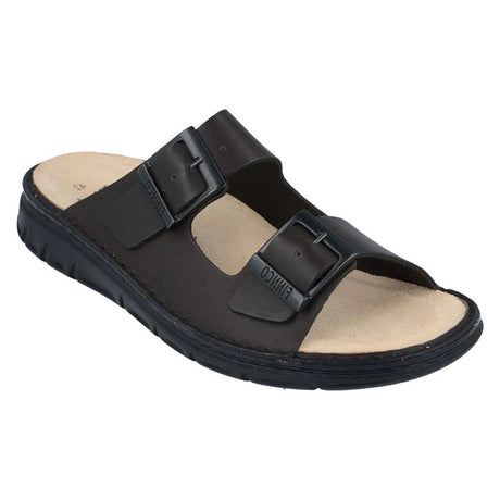 Brown leather slip-on sandal with two adjustable buckle straps, removable cork-latex footbed, and cushioned polyurethane sole for supportive, all-day comfort. Style #8154671165
