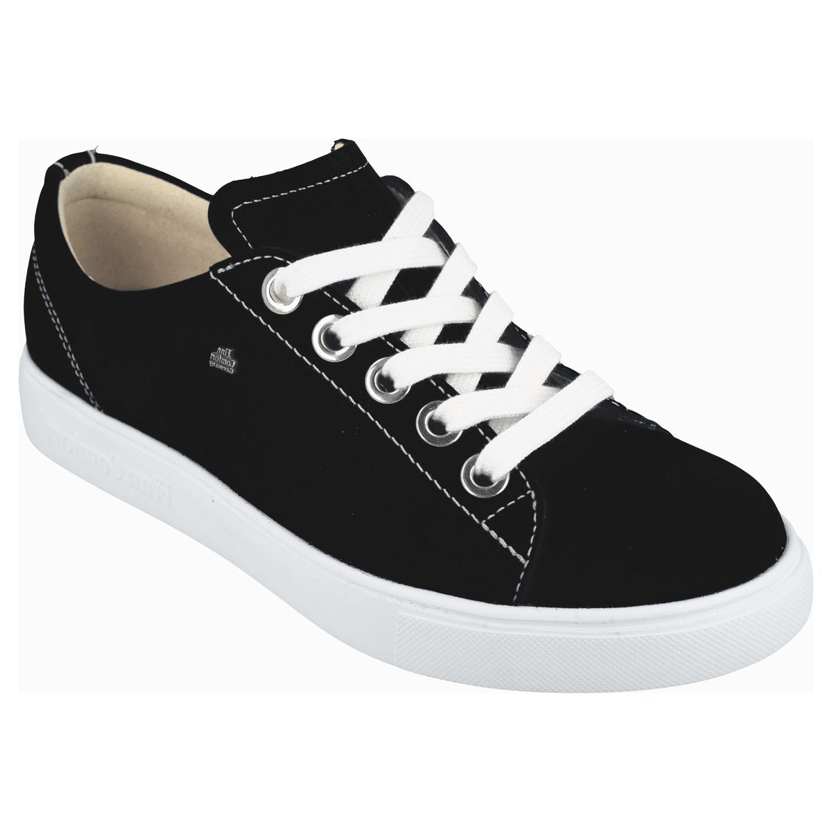 Women’s black suede casual lace-up shoe with contrasting white laces and a white rubber sole. Style #2479615393