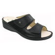 Black leather sandal with two adjustable straps, removable soft orthopedic footbed, and a cushioned polyurethane sole for supportive, sensitive-foot comfort. Style #8251914099