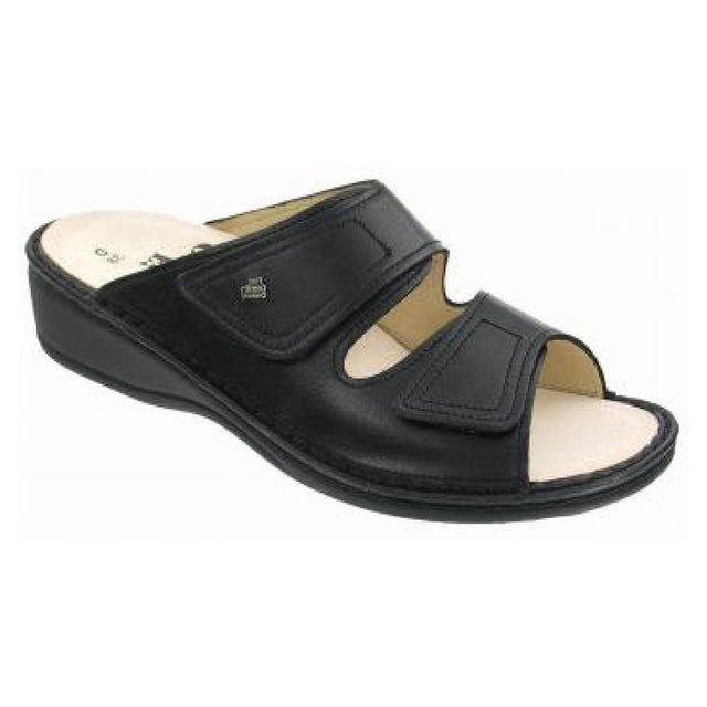 Black leather sandal with two adjustable straps, removable soft orthopedic footbed, and a cushioned polyurethane sole for supportive, sensitive-foot comfort. Style #8251914099