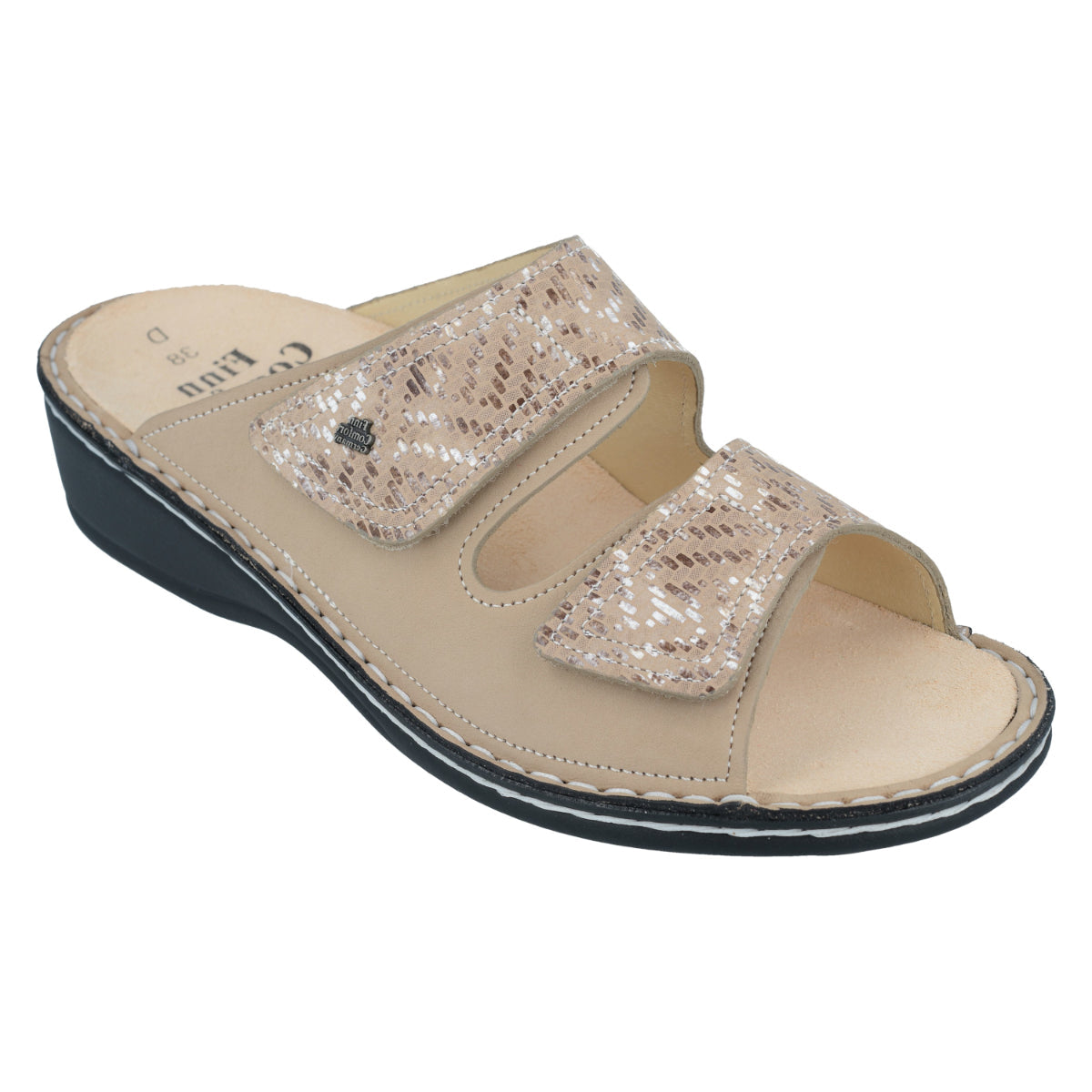 Sesame beige leather sandal with two adjustable straps, soft removable orthopedic footbed, and cushioned polyurethane sole for breathable, all-day support. Style #2519902422