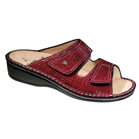Red croc-embossed leather sandal with two adjustable straps, removable soft orthopedic footbed, and cushioned polyurethane sole for supportive, stylish comfort.  Style #2519018063