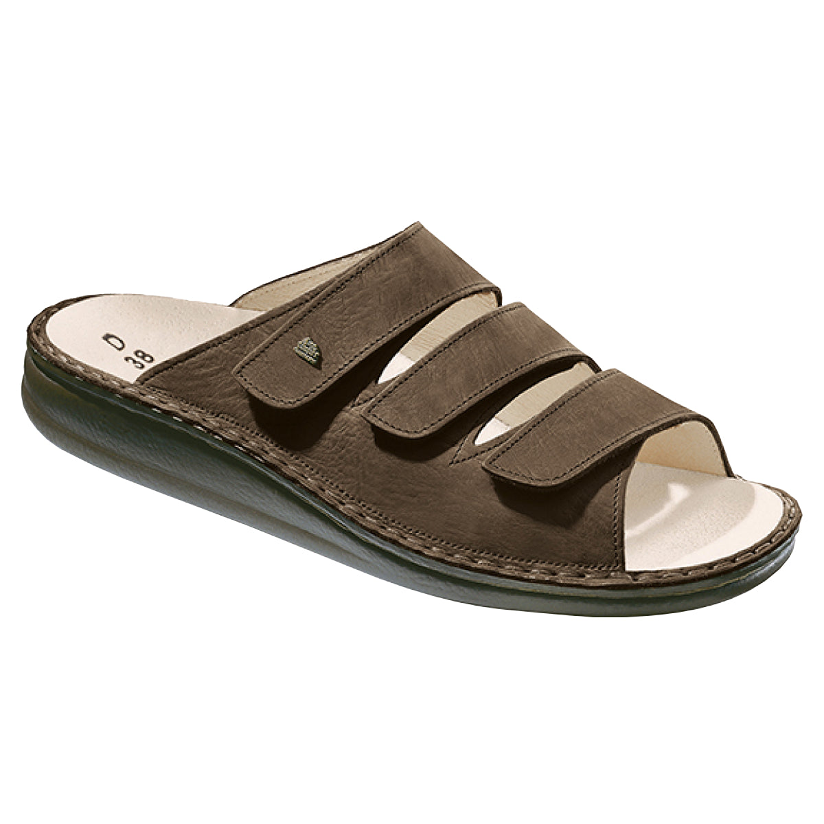Tobacco brown leather sandal with three adjustable straps, soft removable cork-latex footbed, and cushioned polyurethane sole for breathable, all-day support. Style #1508039014