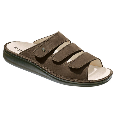 Tobacco brown leather sandal with three adjustable straps, soft removable cork-latex footbed, and cushioned polyurethane sole for breathable, all-day support. Style #1508039014