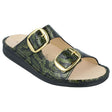 Gold snakeskin-textured leather sandal with two large adjustable gold buckles, removable suede-lined footbed, and cushioned sole for stylish orthopedic comfort, Style #1545710222