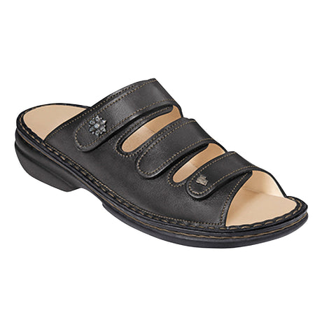 Black leather slide sandal with three adjustable Velcro straps, removable contoured footbed, and cushioned polyurethane sole for supportive, everyday wear. Style #8256401499