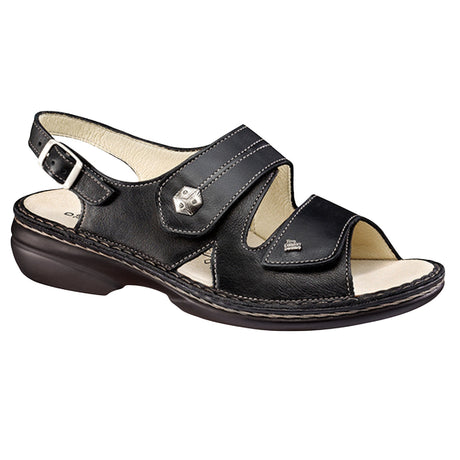 Black nubuck leather sandal with two Velcro straps and a buckle backstrap, featuring a removable cork footbed and cushioned polyurethane sole for orthopedic comfort. Style #2560014099