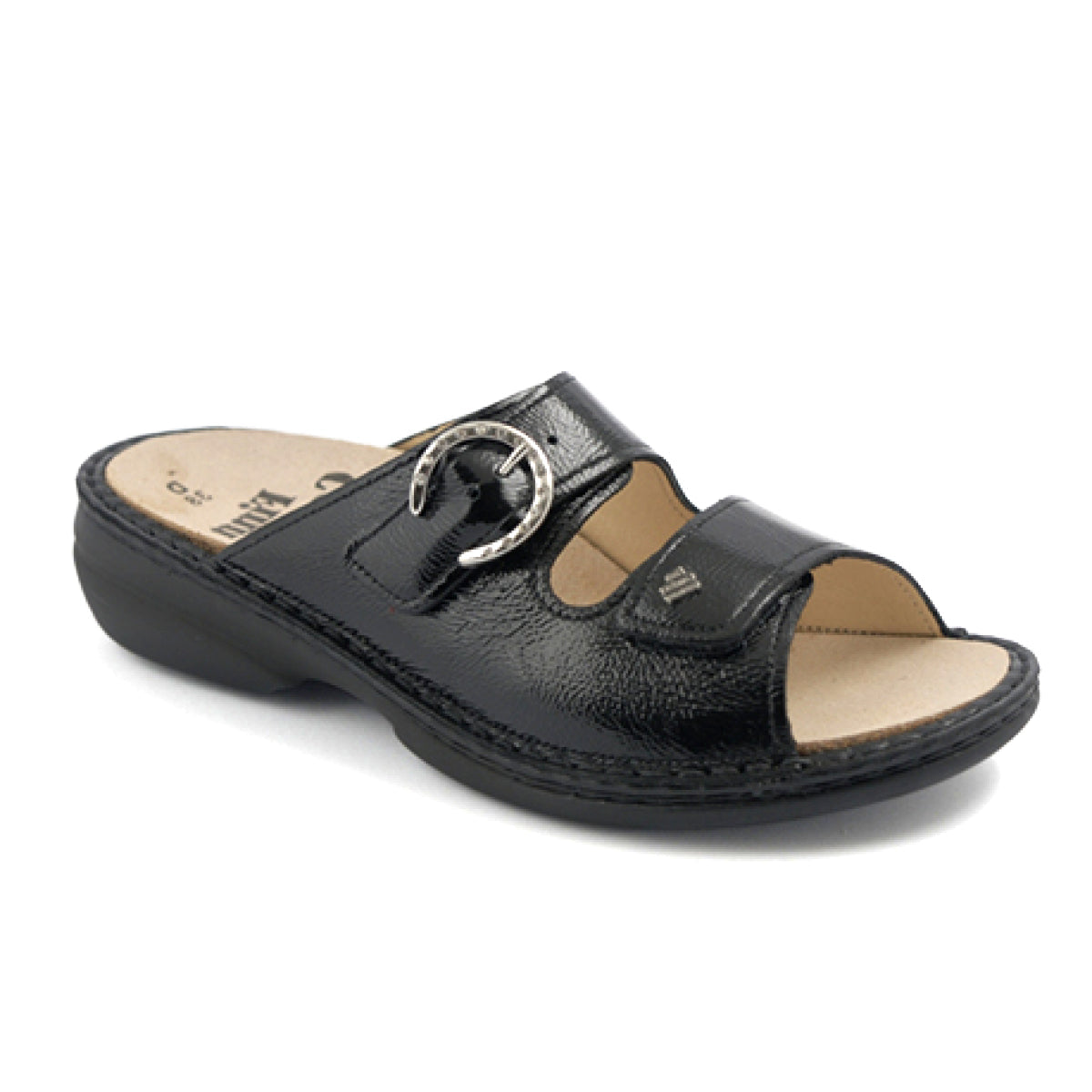 Glossy black leather sandal with pearlescent finish, crystal-accented horseshoe buckle, two Velcro straps, and removable orthopedic footbed for stylish comfort. Style #2556022099