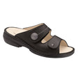 Black leather sandal with two adjustable Velcro straps, removable cork-latex footbed, and cushioned polyurethane sole for breathable, everyday orthopedic comfort. Style #2550014099