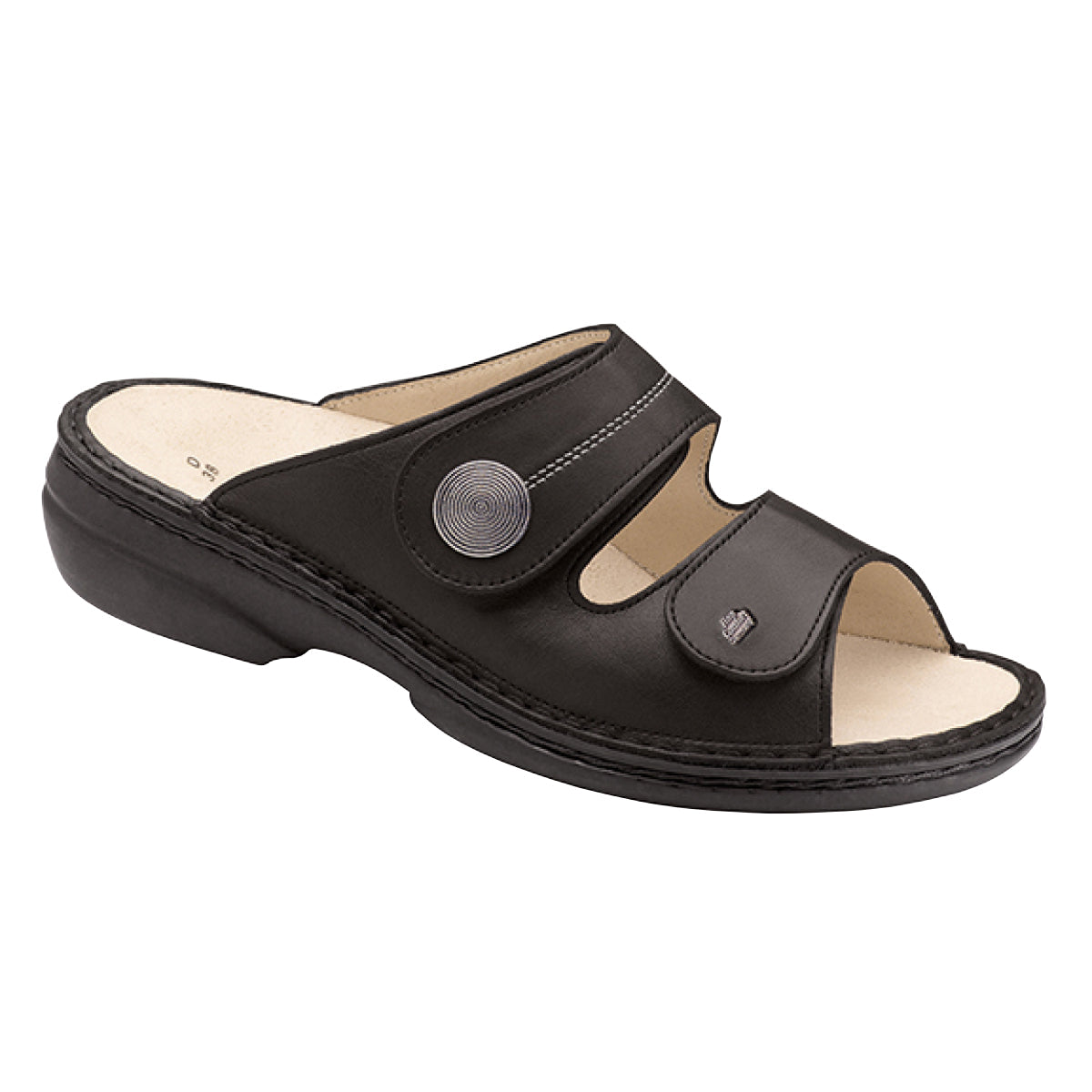 Black leather sandal with two adjustable Velcro straps, removable cork-latex footbed, and cushioned polyurethane sole for breathable, everyday orthopedic comfort. Style #2550014099