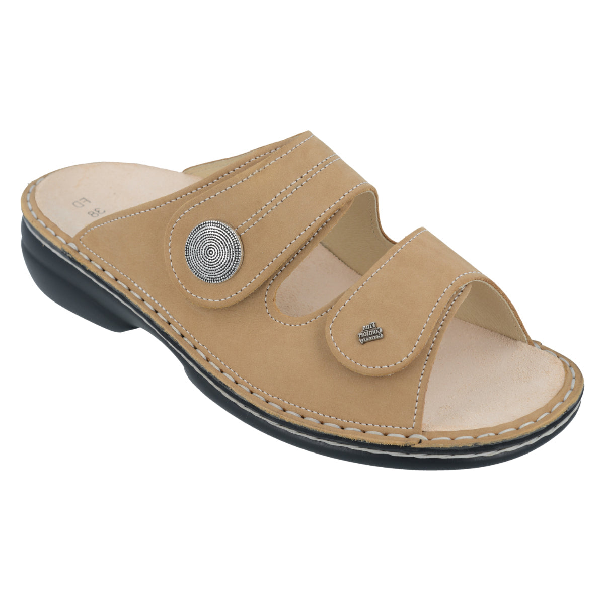 Tan leather sandal with two adjustable Velcro straps, removable cork-latex footbed, and cushioned polyurethane sole designed for breathable, supportive comfort. Style #2550007499
