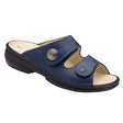 Blue leather sandal with two adjustable Velcro straps, removable cork-latex footbed, and cushioned polyurethane sole for breathable orthopedic support. Style #2550120040