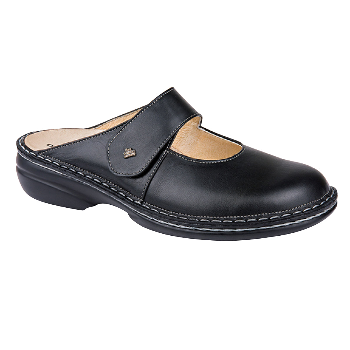Black leather mule with adjustable Velcro strap, removable firm-support footbed, and low-profile heel for structured, breathable orthopedic comfort. Style #2552012099