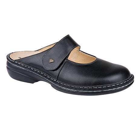 Black leather mule with adjustable Velcro strap, removable firm-support footbed, and low-profile heel for structured, breathable orthopedic comfort. Style #2552012099
