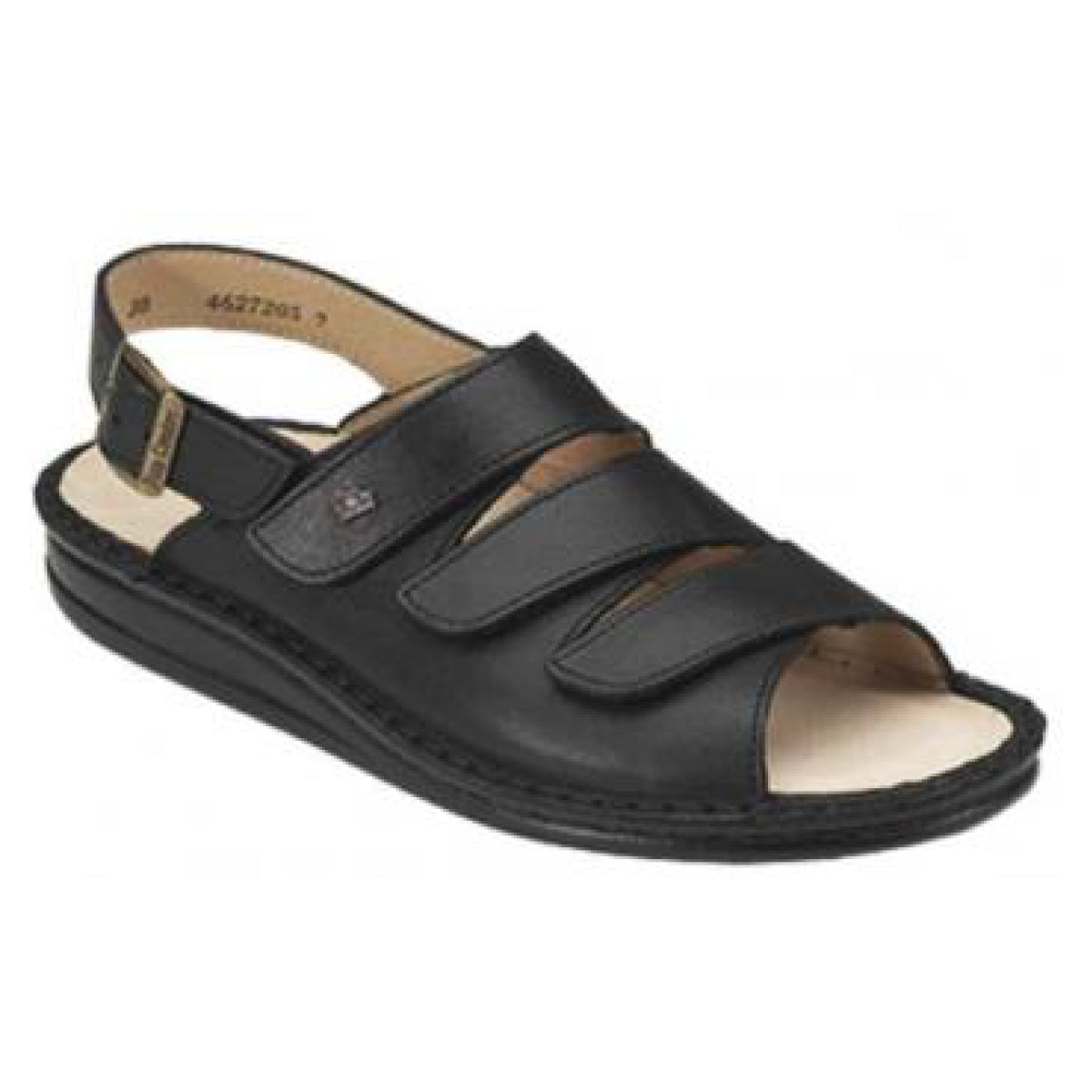 Black leather sandal with three Velcro straps, supportive backstrap, and removable soft reflexology footbed for breathable, cushioned orthopedic comfort.Style #8250914099